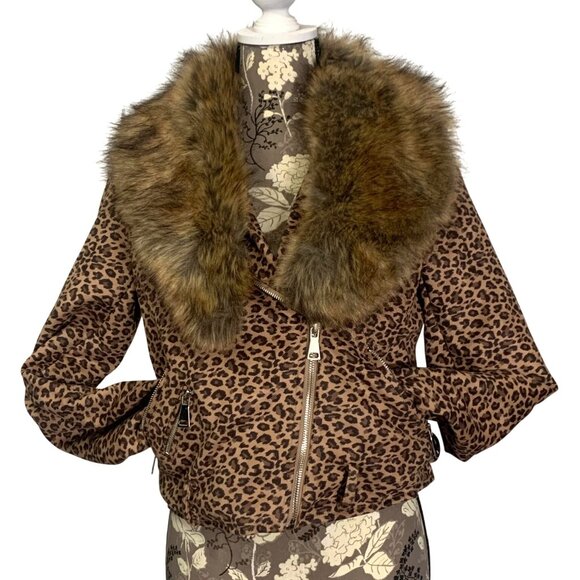 BELLIVERA Leopard Print Moto Jacket Faux Fur Collar Zip Detachable Collar Size S - Picture 1 of 8